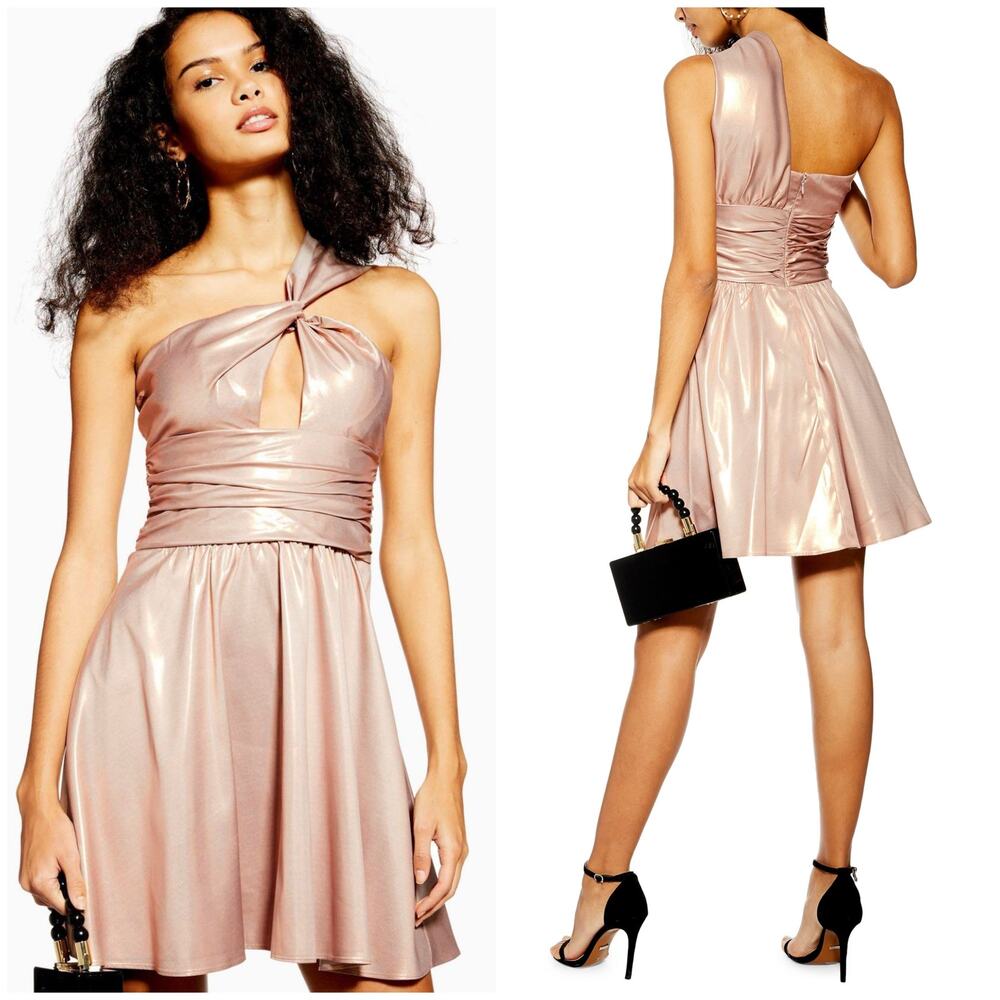 NWT TOPSHOP One Shoulder Cocktail Metallic Foil Mini Dress Gold Pink Size 2